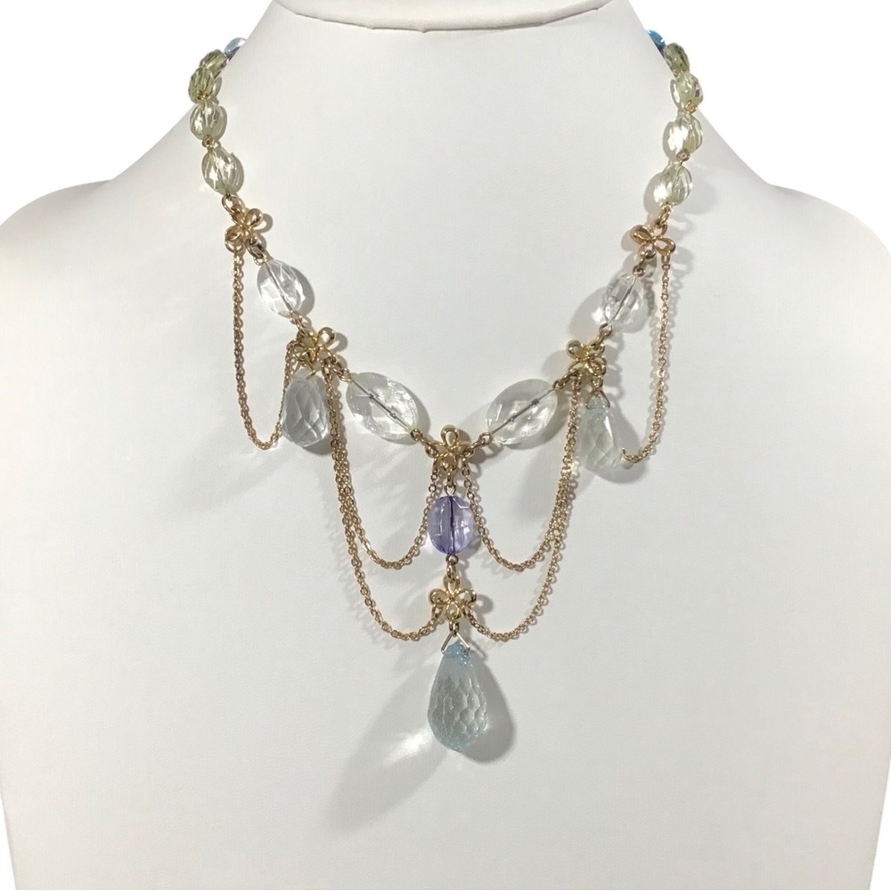 Multi Strand Draped Necklace Beaded Accents Gold Tone Chain
